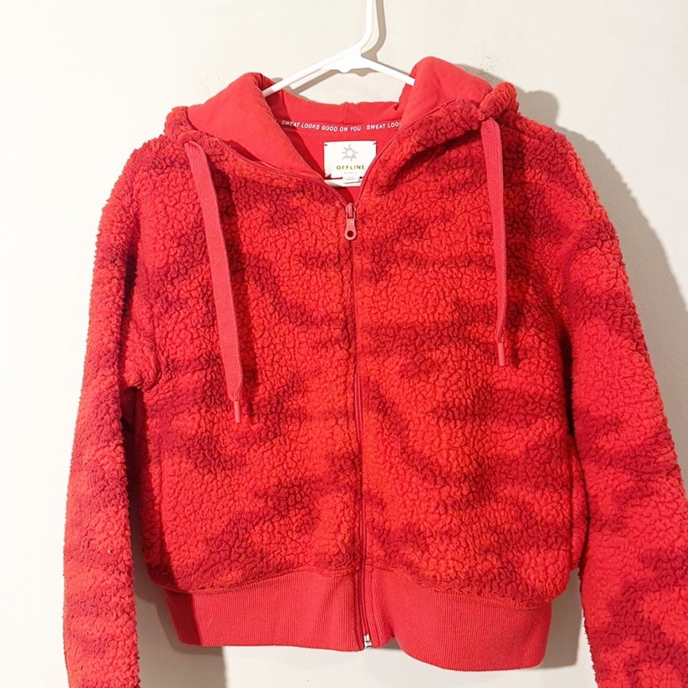 AERIE Red Camo Fleece Full Zip Long sleeve jacket hooded women size Small - Picture 2 of 5